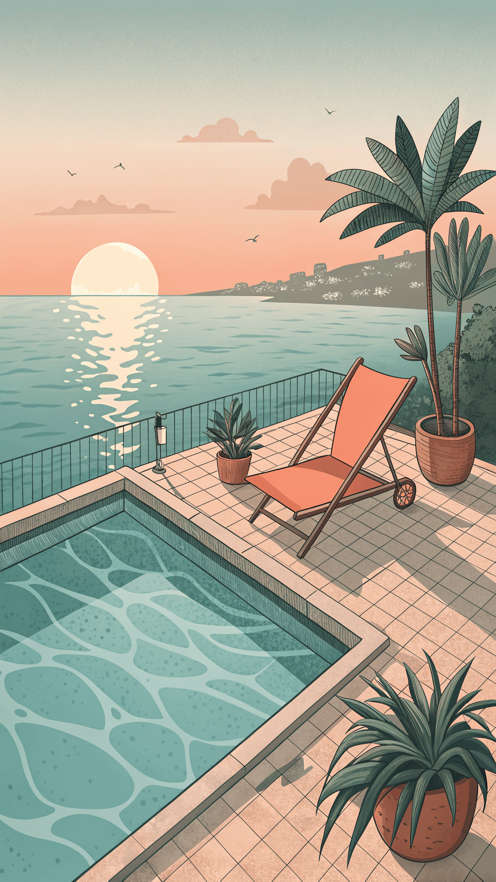 Aquauto — a calm poolside terrace at sunset
